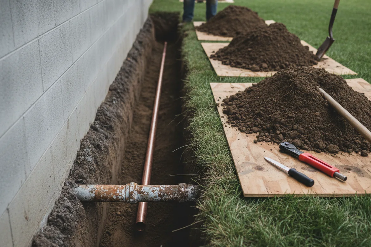 Excavated water line trench during Sewer Line Repair in Doss